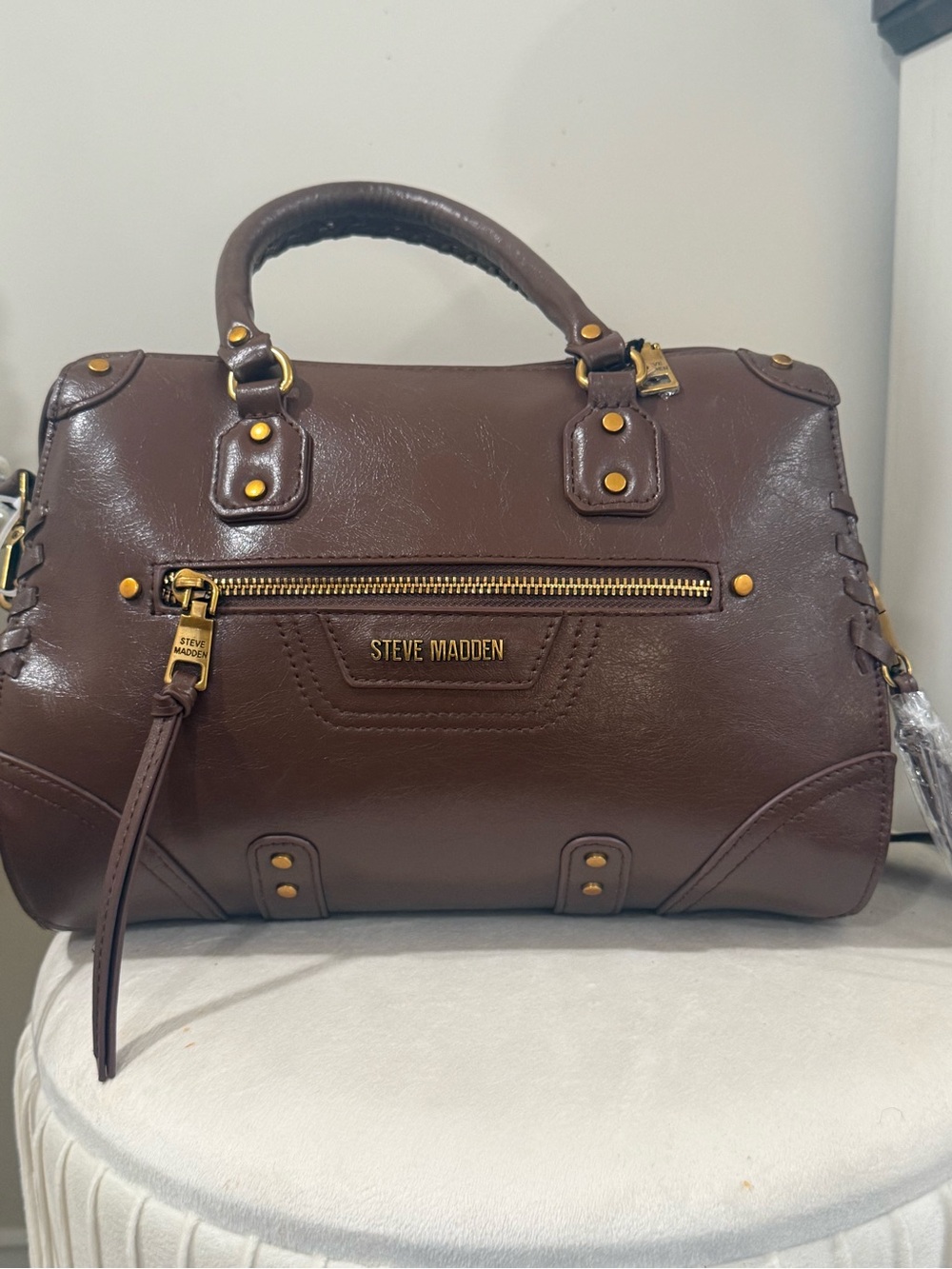 Steve Madden Chocolate Brown Satchel with Gold Hardware